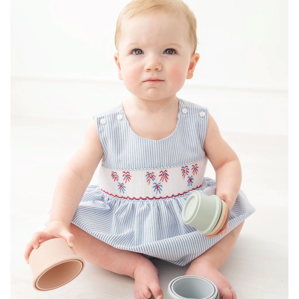 New in bag! Ruth & Ralph Boys Blue & White Smocked Fireworks Bubble. Size 18m.